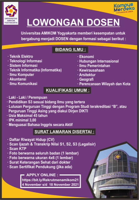 LOWONGAN DOSEN 2021 UNIVERSITAS AMIKOM YOGYAKARTA