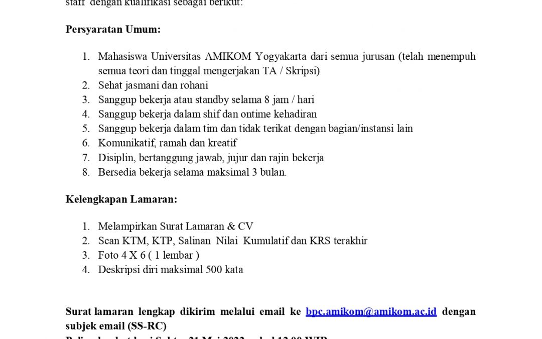 Rekruitmen Student Staff Resource Centre Periode 30 Mei 2022 – 30 Agustus 2022